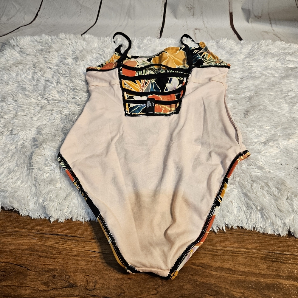 Floral‎ One Piece Swimsuit Tropical Print Black Orange Yellow Bathing Suit Sz L - Picture 9 of 16